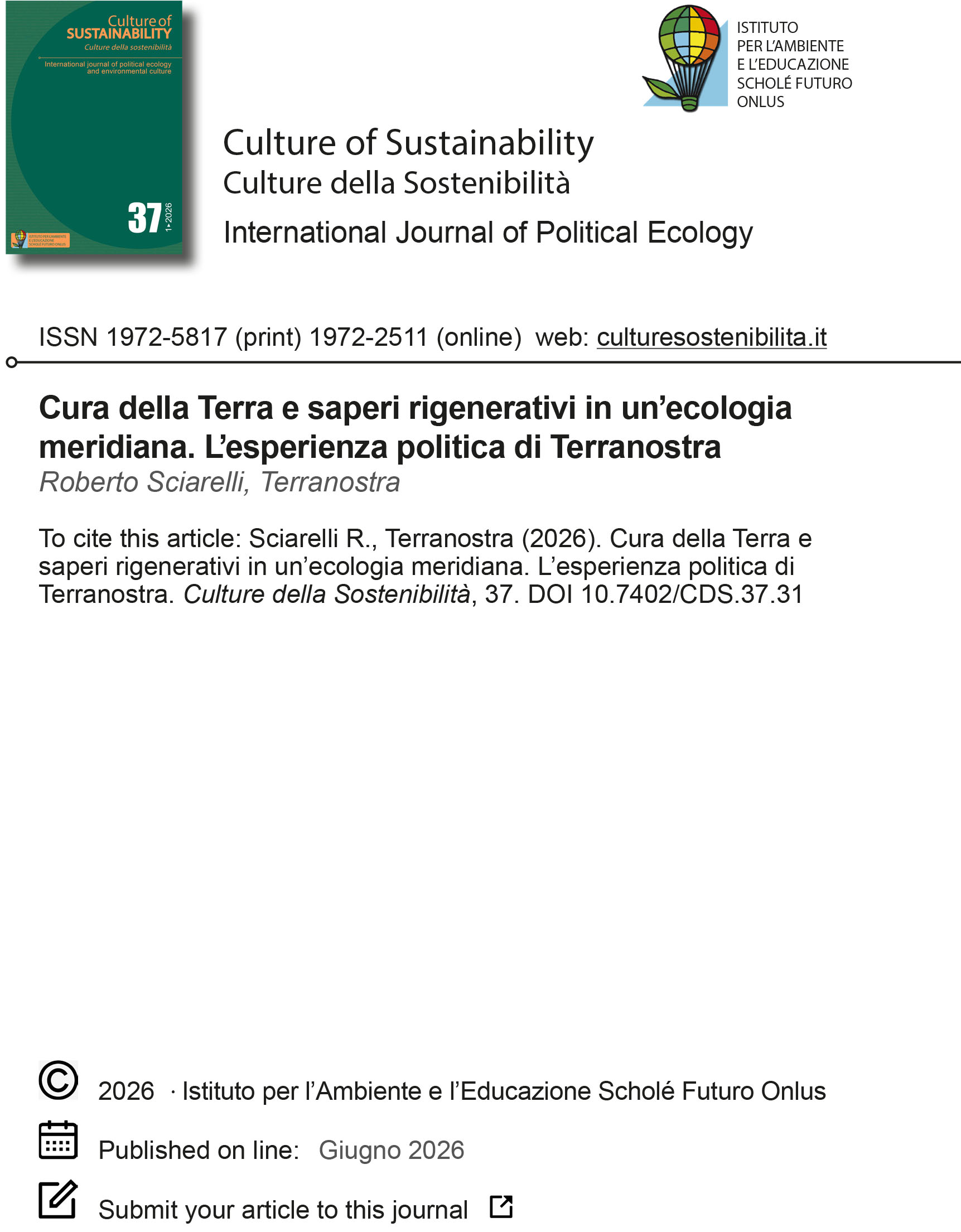 Culture della sostenibilità, n. 37, primo semestre 2026 (Roberto Sciarelli e Terranostra)